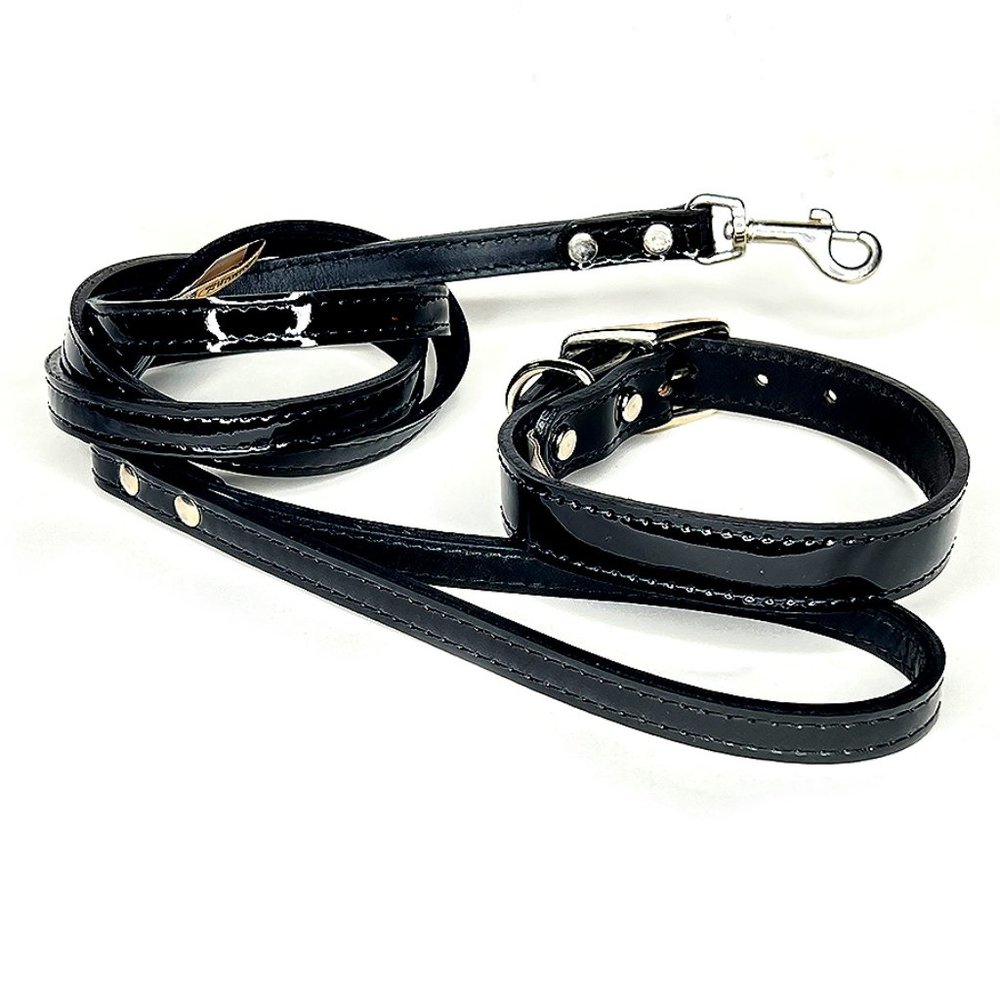 Black Patent Leather Collar and Leash